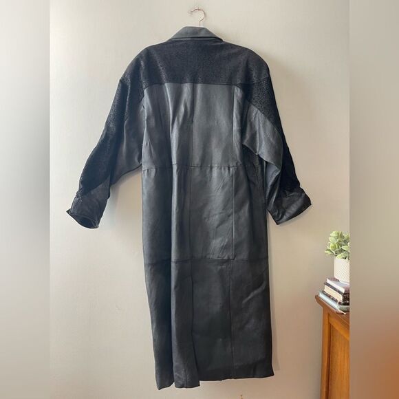 Vintage 90s Ladies Black Leather Trench Coat Full Length Long Large 80s Mob Wife - Picture 3 of 14